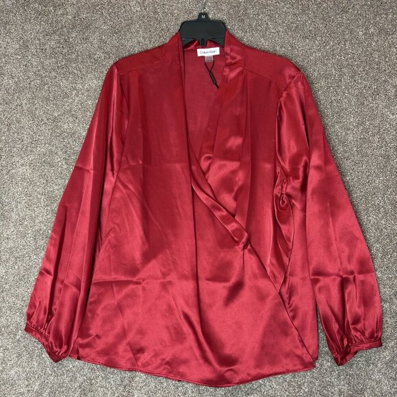 Calvin Klein Women's Satin Blouse Plus Size 2X Red Wrap Front V-Neck NWT $89 - Picture 2 of 15